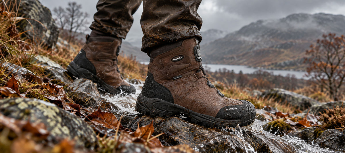 A close-up of a person wearing brown Treksta waterproof hiking boots and muddy pants, stepping carefully over rocks in shallow water on a rugged outdoor mountain slope.