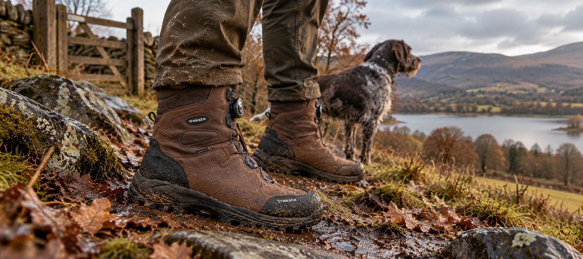 A person wearing brown Treksta boots outdoor boots stands on a rocky path beside a dog, with a scenic lake and mountains in the background.